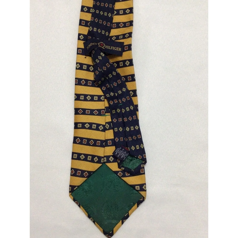 Tommy Hilfiger Mens Silk Tie Navy Blue Gold Geometric Diamond Striped 4 Inch